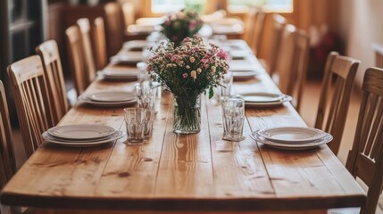 Rustic Wooden Table Setting with Flowers