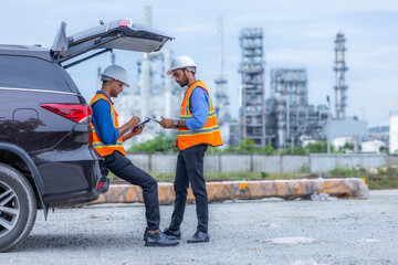 Industrial engineer discuss project strategy industrial oil refinery site digital technology, Teamwork engineer innovation collaborating energy facility digital technology oil refinery, Smart industry