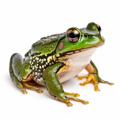 Obraz premium Vibrant Green Frog with Patterned Spots Sitting on White Isolated Background Closeup Portrait of a Beautiful Amphibian Creature from the Natural World