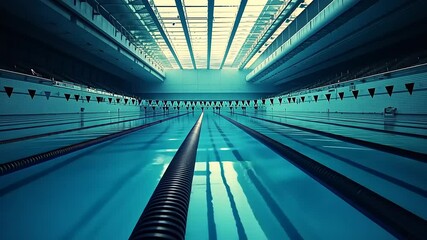 Serene indoor swimming pool with clear water, lanes marked, and natural light streaming in