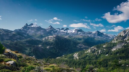 Fototapeta premium Vibrant Mountain Range Landscape Under a Clear Blue Sky with Lush Green Valley