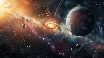 Vibrant Space Scene With Planets Galaxy Stars And Cosmic Nebulae