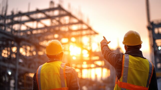 Construction workers in reflective safety vests and helmets pointing at steel framework of building during sunset. Urban development. Project planning and structural inspection
