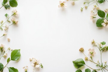 White Floral Frame on White Background Simple Elegant Flower and Leaf Border