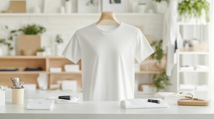 Minimalist and clean white t shirt mockup displayed on a mannequin in a simple studio setup with props and accessories  Perfect for branding apparel marketing and product presentation