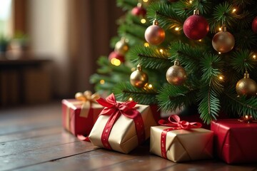 Close-up of a beautifully decorated Christmas tree with wrapped gifts, decoration, wrapping