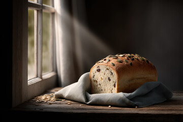 freshly baked loaf of glutenfree bread adorned with variety of nuts and seeds