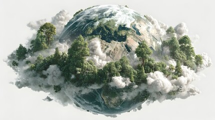 Obraz premium A lush green forest envelops a realistic Earth globe floating amidst fluffy white clouds in a serene digital artwork.