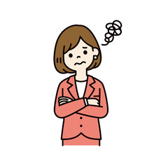 うつむいて困惑する、若い女性会社員のベクターイラスト素材＿線幅の編集可能＿カラー