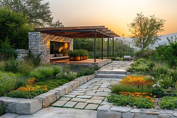 Fototapeta premium Beautiful landscaped garden with organic flowers and stone pathway high resolution photo