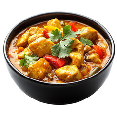 Delicious Chicken Curry In Black Bowl With Vegetables And Herbs Isolated On Transparent Background