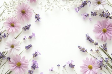 Obraz premium Delicate floral arrangement, a pastel-toned border on a white surface.