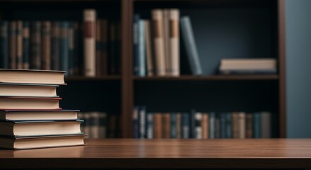 Stacked Books on Wooden Desk, Library Background: Serene Study