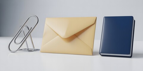 Stationery essentials: A minimalist composition showcasing the essentials of office supplies, featuring a sleek paper clip, an elegant envelope, and a sophisticated notebook