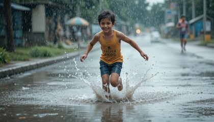 Joyful Boy Running Through Rain, Splashing in Puddles A Captivating Moment of Childlike Freedom