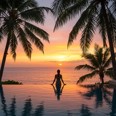 Woman in infinity pool at sunset with palm trees overlooking the ocean