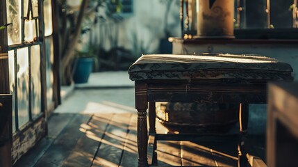 Wooden Table In Light Filled Interior With Sunlight Through Windows
