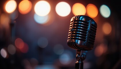 Vintage Microphone in Cinematic Spotlight A Close-Up of Retro Elegance and Studio Ambiance