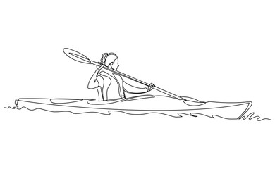 Continuous line drawing art of woman rowing canoe. Vector illustration single one sketch editable stroke of sport woman paddle kayak