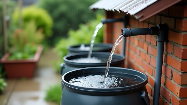 Rainwater harvesting system collecting water in barrels during a downpour for garden use