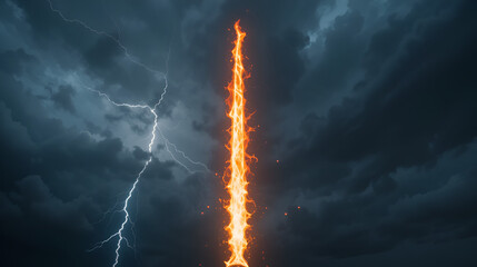 A flaming sword facing a lightning bolt in a dark cloudy sky creating a dramatic contrast scene
