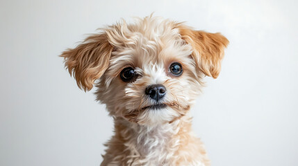 A small dog with brown and white fur is looking at the camera