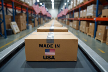 Made in USA Boxes on Conveyor Belt in Warehouse