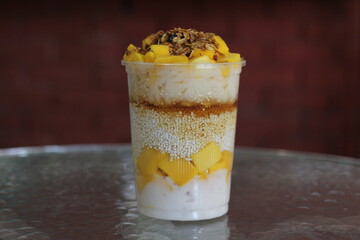 An attractive cup of layered dessert featuring creamy goodness, mango, granola, and syrup, appealing to those with a sweet tooth and a love for healthy treats and aesthetic presentations.