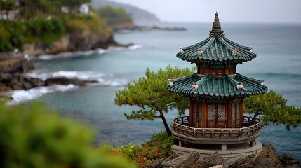 Naklejka premium Seaside pagoda gracefully overlooks the tranquil ocean