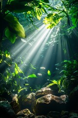 Obraz premium In the dense jungle, sunlight shines through the leaves and falls on rocks in front of you. The light is soft and delicate, with green plants surrounding it.