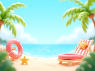 Summer beach vacation 3d illustration, Beginning of Summer holiday travel seaside summer vacation concept illustration background © lin