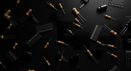 Scattered array of resistors and integrated circuits on black surface pattern