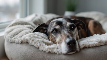 Senior dog in a soft orthopedic bed with warm blanket, surrounded by calming natural light