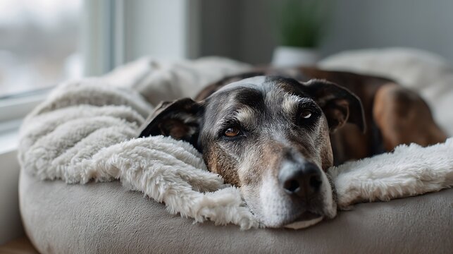 Senior dog in a soft orthopedic bed with warm blanket, surrounded by calming natural light