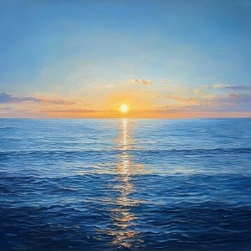 The horizon of the ocean, with the sun setting in front of it. The water is calm and blue, as if reflecting all colors. Oil painting, in the style of realism., high quality, multi-detail, HD, 8K,