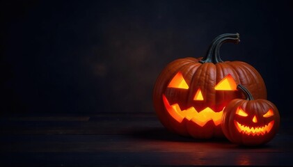 Obraz premium Spooky carved pumpkins glowing on a dark wooden background, perfect for Halloween , candles, festive, gourds