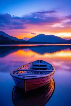 Photo of an isolated rowboat on the lake at sunset, mountains in the background, reflections on the water, a blue, purple, and orange sky. Captured with a Sony Alpha A9 II and a 20-70mm f/5 lens.,