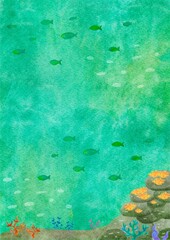 水彩　水中　背景　自然　海　イラスト