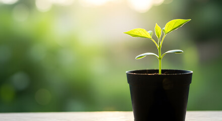 Young Plant Sprout in Pot, Backlit by Sunlight