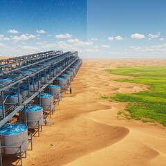 Obraz premium Transforming Deserts: Innovative Water Management System for Arid Lands Irrigation and Sustainable Agriculture