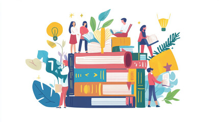 People Reading on Book Stack with Plants and Lightbulbs