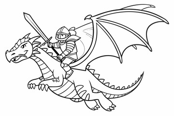 Fototapeta premium Brave knight riding a dragon outline coloring page