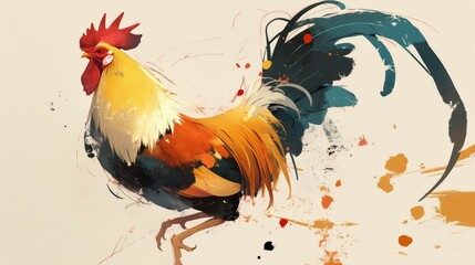 Fototapeta premium A cute rooster, in the style of Chinese ink painting, with simple lines and brushstrokes on a white background. The rooster has black tail feathers and is depicted in a jumping action,