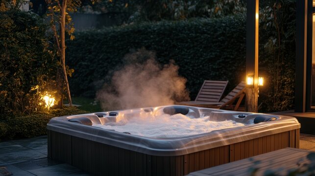 Outdoor hot tub at dusk, steam rising, tranquil evening ambiance