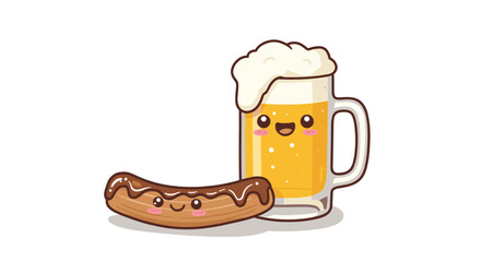 Cute churro and happy beer mug cartoon character, cheerful design, copy space
