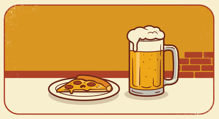 Cute cartoon pizza slice and beer mug on a table with a warm background
