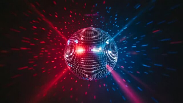 disco ball on a dark background, A vibrant disco ball with colorful reflections, captured from a low-angle shot, creating a dynamic, energetic video party atmosphere. Live desktop wallpaper. 4k video,