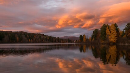 Fototapeta premium Magnificent autumn sunset over a serene lake reflecting vibrant clouds and trees