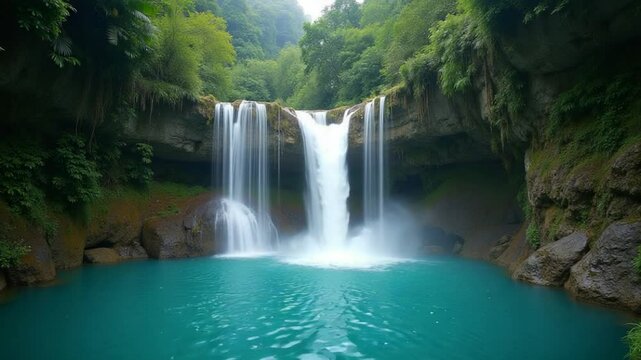 Scenic cascade waterfalls with blue water and natural pool in Sulawesi, vertical view