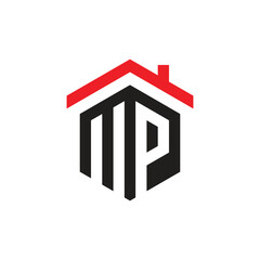 this is a simple flat logo design of a letter MP in hexagon shape with a house roof at top of it